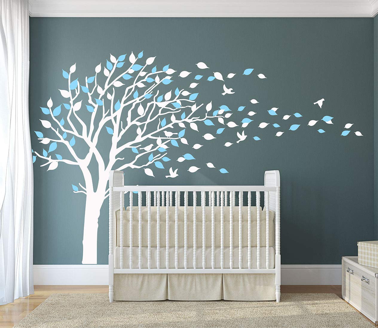 LUCKKYY Tree Blowing in The Wind Tree Wall Decals Wall Sticker Vinyl Art Kids Rooms Teen Girls Boys Wallpaper Murals Sticker Wall Stickers Nursery Decor Nursery Decals (White+Blue)