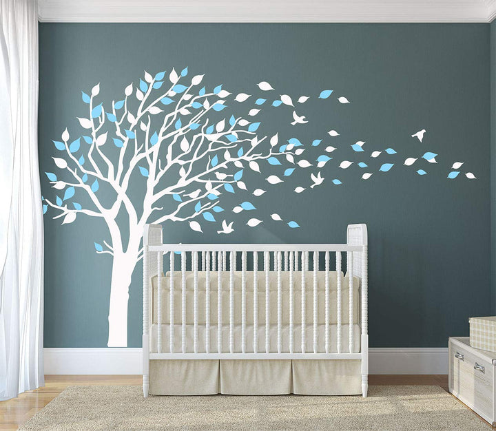 LUCKKYY Tree Blowing in The Wind Tree Wall Decals Wall Sticker Vinyl Art Kids Rooms Teen Girls Boys Wallpaper Murals Sticker Wall Stickers Nursery Decor Nursery Decals (White+Blue)