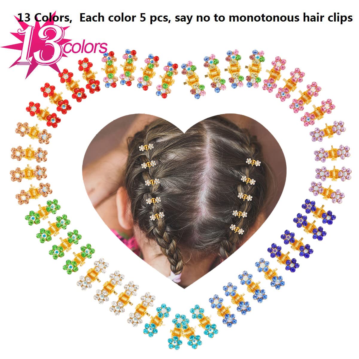 Small Hair Clips Mini Hair Claw Clips No-Slip Grip Jaw Clips Glitter Teeth Clips Rhinestone Hair Clips Metal Clamps Mix Colored Flower Hair Accessories for Girls Women (Gold-13Colors)