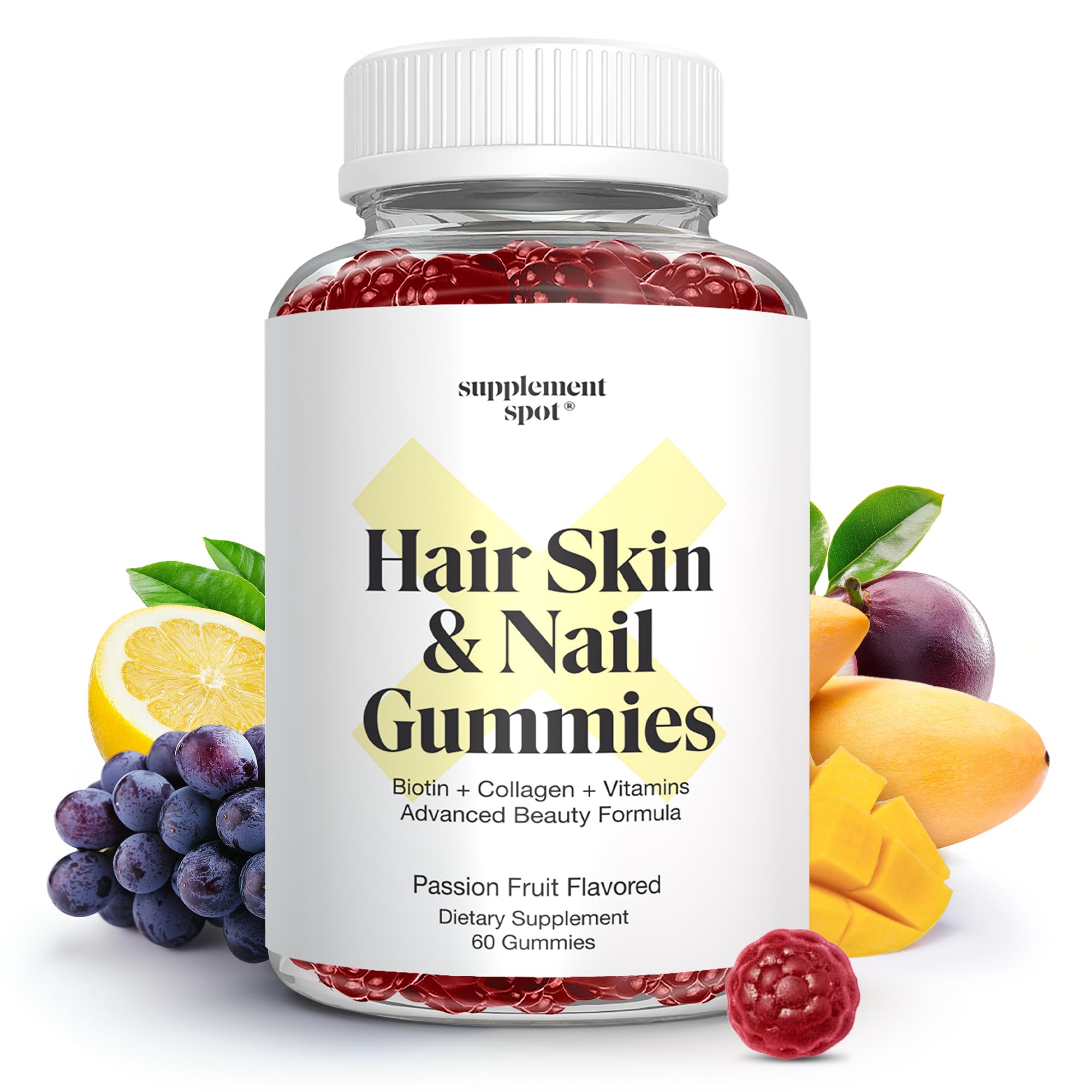 Supplement Spot Hair Skin and Nails Vitamins, 6000 mcg Biotin Gummies w/Collagen, Passion Fruit Flavored Hair Vitamins, Gluten Free Collagen Supplements (60 Count)