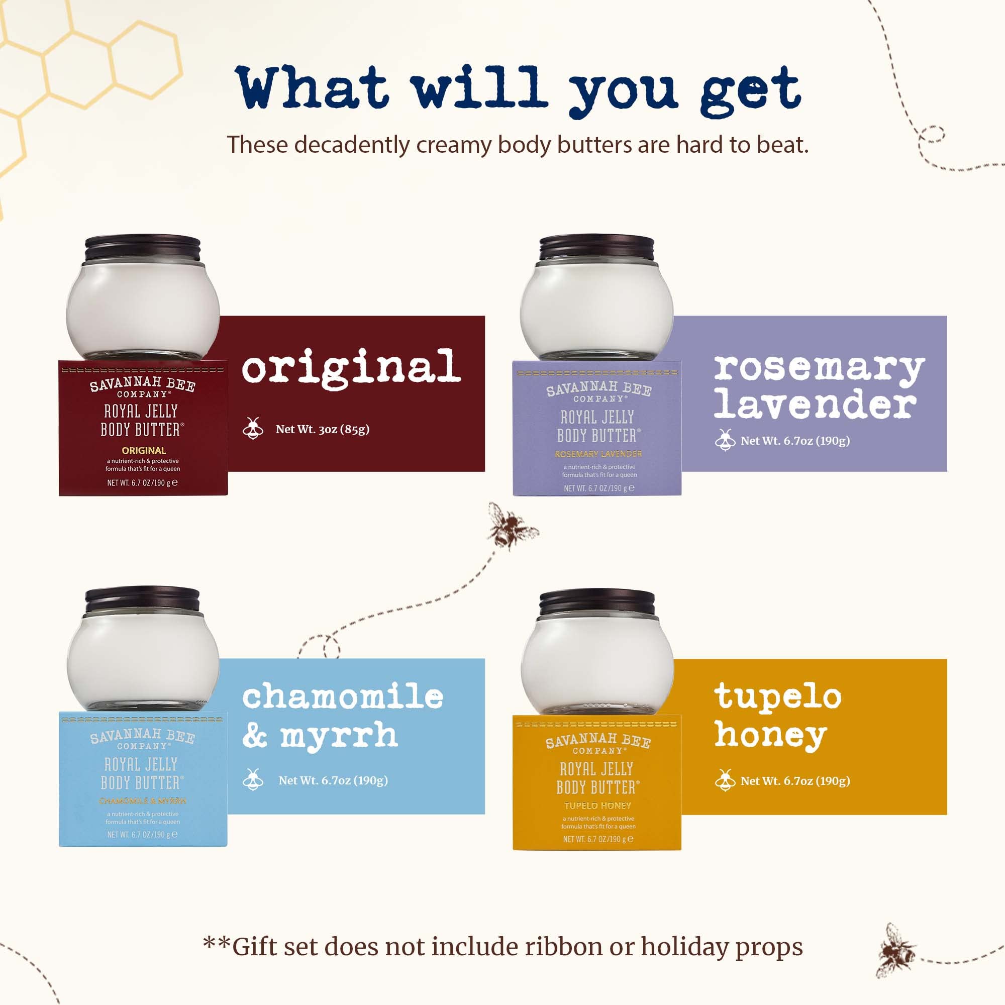 Savannah Bee Company Ultimate Honey Infused Body Butter Collection: Ultra Rich and Deeply Moisturizing Blend of Original, Rosemary & Lavender, Chamomile & Myrrh, and Tupelo Honey - (6.7 Oz Each)