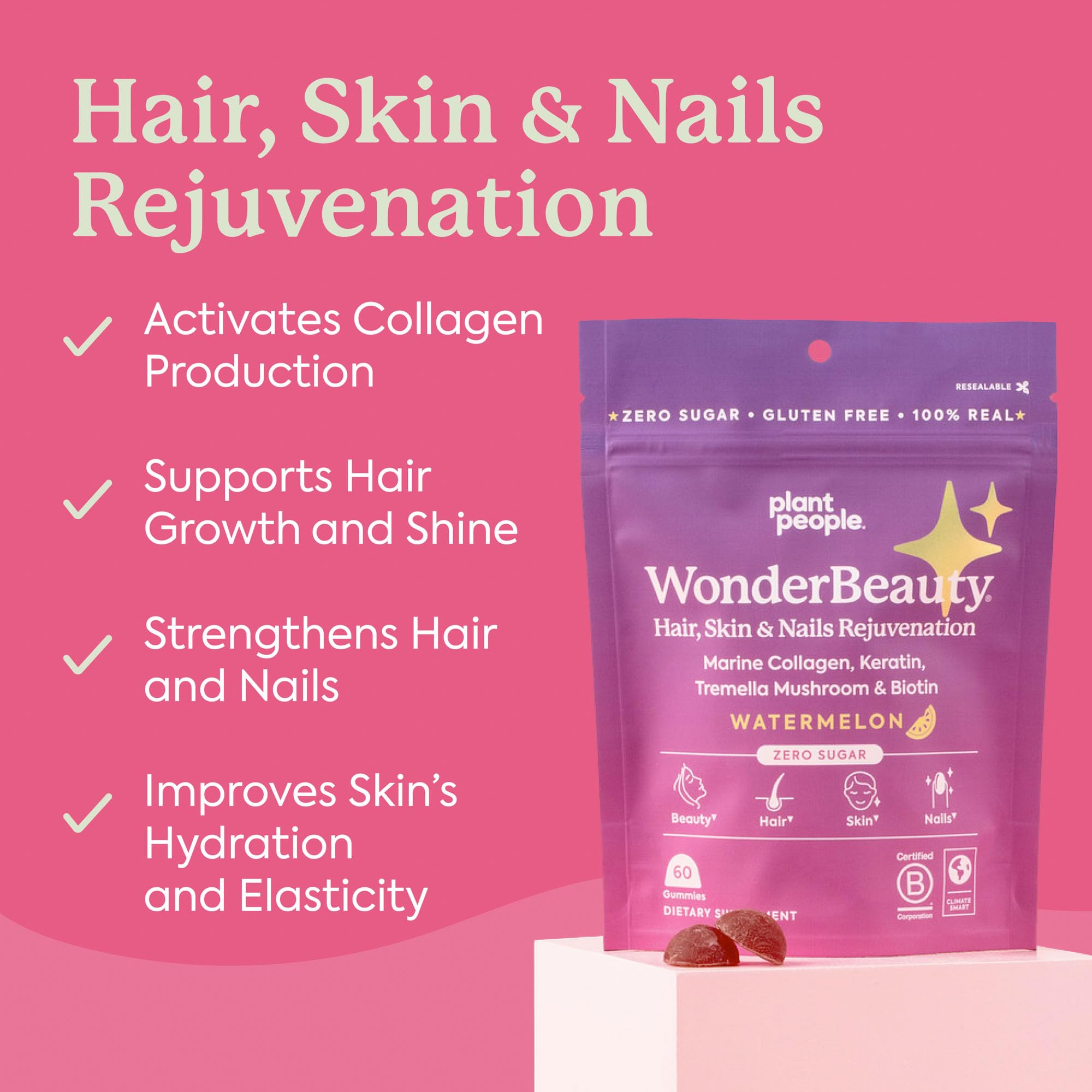 Plant People WonderBeauty Hair, Skin & Nails Rejuvenation Gummies with Tremella Mushroom, Marine Collagen Peptides, Keratin, & Biotin – Watermelon Flavor, 60 Gummies