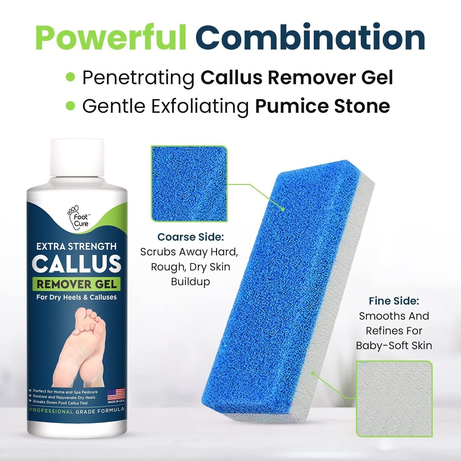 Callus Remover for Feet with Extra Strength Gel & Foot Pumice Stone Set - Easy Way to Remove Hard Calluses & Dead Skin Build-Up - Professional at-Home Foot Care for Men & Women - Made in The USA