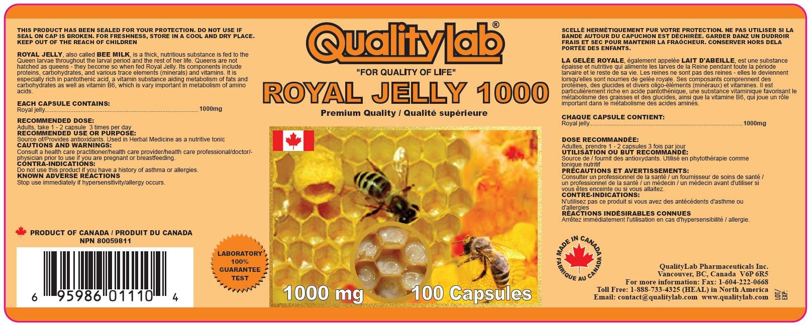 QUALITYLAB Royal Jelly 1000 mg 100 softgel Capsules (Made in Canada)