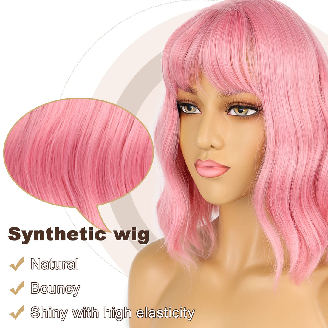 LANCAINI Pastel Bob Wigs with Bangs for Women Loose Wavy Wig Pastel Wavy Shoulder Length Bob Synthetic Cosplay Wig for Girl Colorful Costume Wigs (Pink)