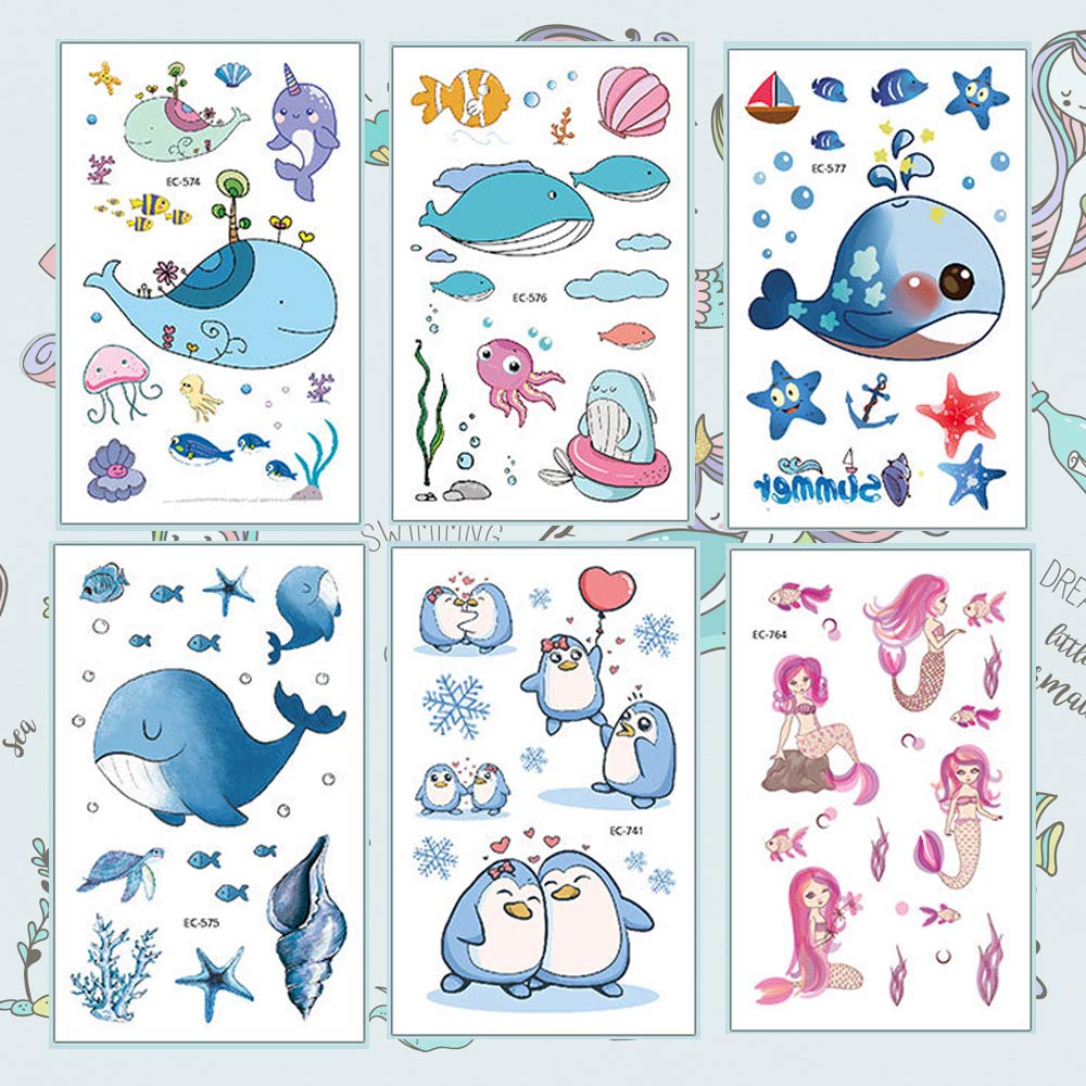 188PCS Ocean Temporary Tattoos for Kids - Mermaid, Dolphin, Whale Tattoo Body Stickers - Cartoon Tattoos Sticker for Boy Girl Birthday Party Decorations Supplies Favors(12 Sheets)