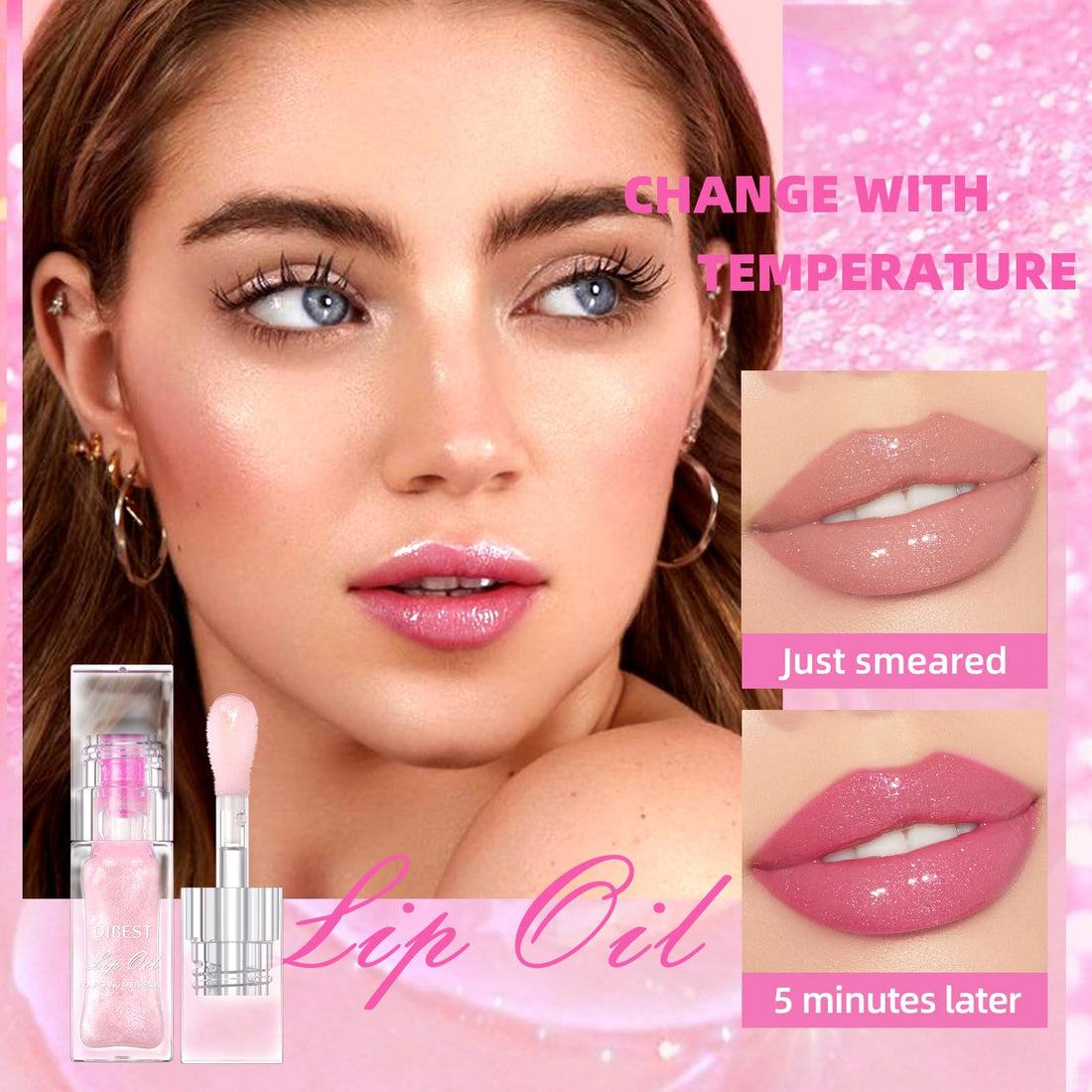 Bekoeen 2Pcs Magic Color Changing Lip Oil - Big Brush Hydrating Glimmer Gloss, Long Lasting Moisturizing Smooth Non-Sticky Balm, Fresh Stain for Girl's Lip Care