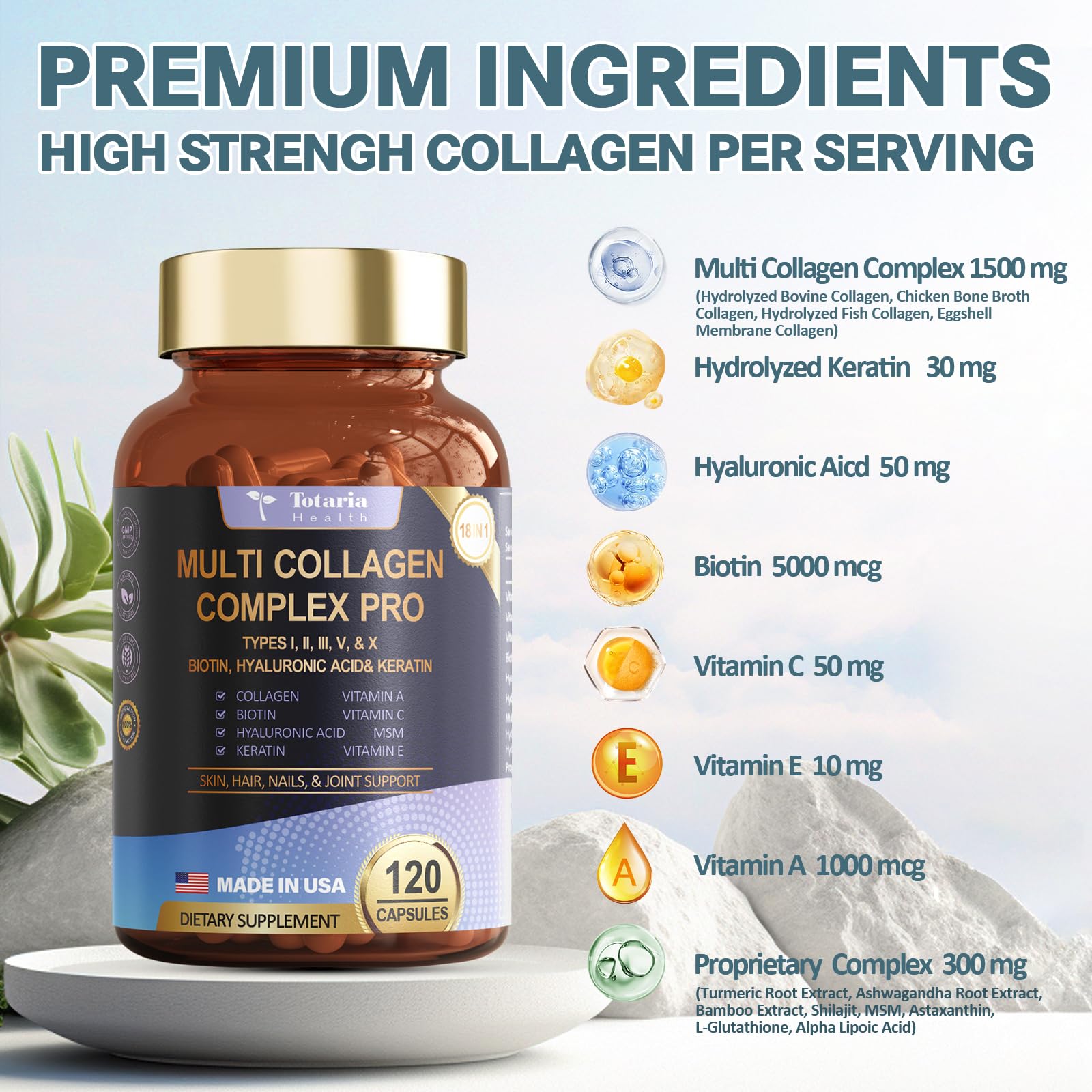 18-in-1 Collagen Pro with Hyaluronic Aicd, Keratin, Biotin, VIT A C & E for Skin, Hair, Nails, Joint & Beauty - Multi Collagen Peptides Capsules with Type I II III V & X for Women & Men - 120 Caps