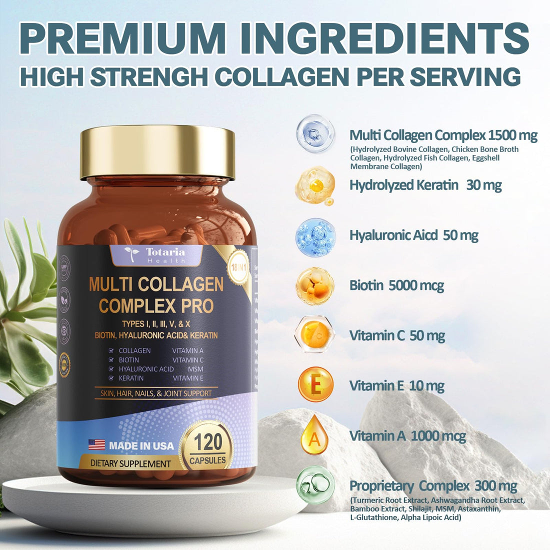 18-in-1 Collagen Pro with Hyaluronic Aicd, Keratin, Biotin, VIT A C & E for Skin, Hair, Nails, Joint & Beauty - Multi Collagen Peptides Capsules with Type I II III V & X for Women & Men - 120 Caps