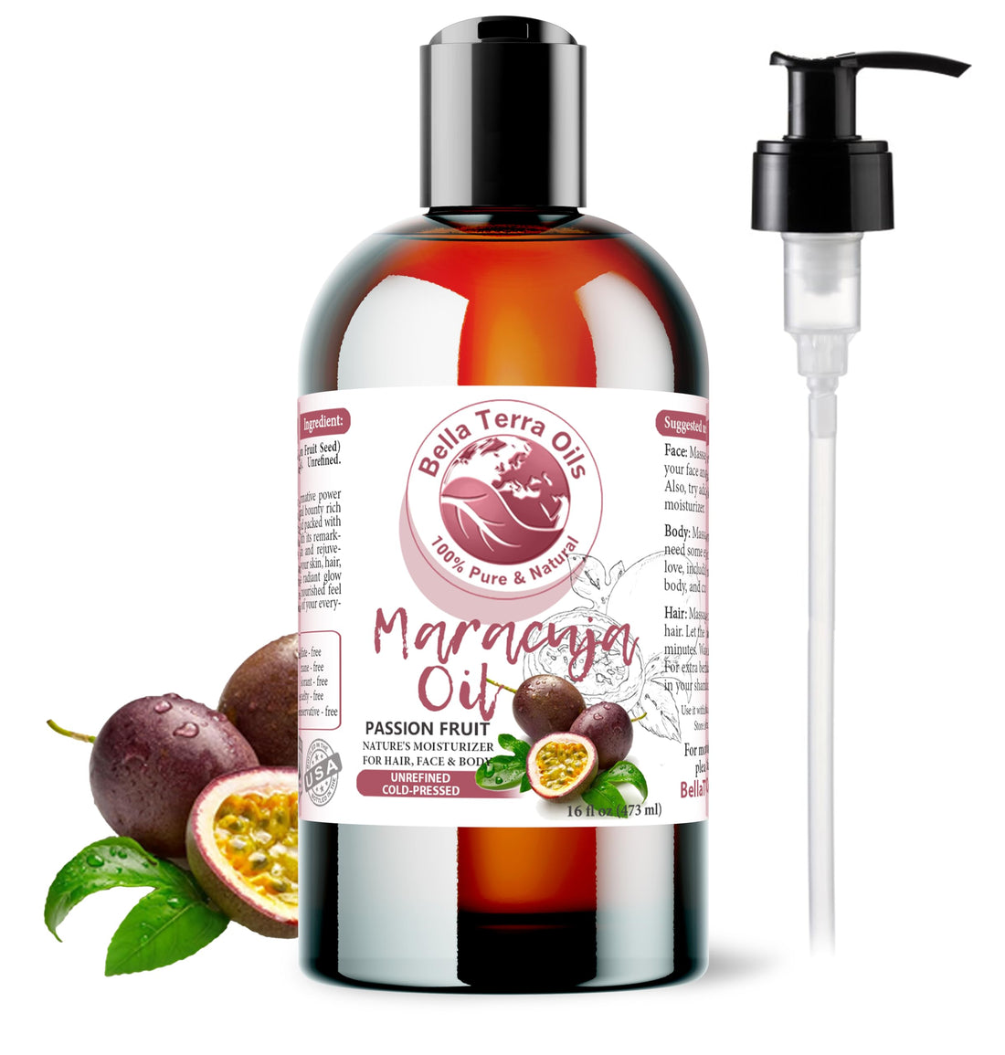 NEW Maracuja Oil (Passion Fruit). 16oz. Cold-pressed. Unrefined. Organic. 100% Pure. Non-GMO. Hexane-free. Fights Wrinkles. Softens Hair. Natural Moisturizer. For Hair, Skin, Beard, Stretch Marks.