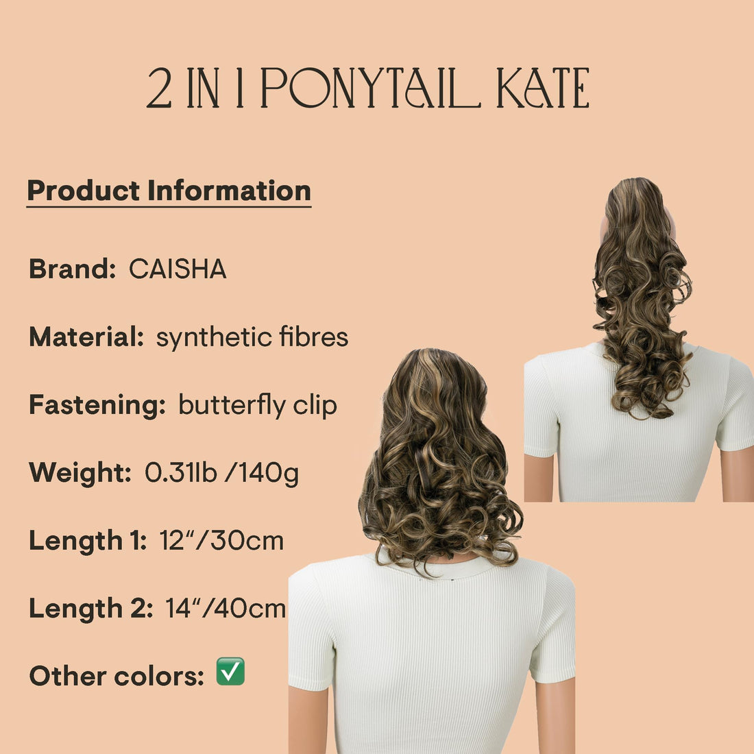 brown mix #6H25 H12-2 : PRETTYSHOP 16 OR 20 Hair Piece Clip On Pony Tail Extension 2 IN 1 Curled Wavy Heat-Resisting brown mix #6H25 H12-2