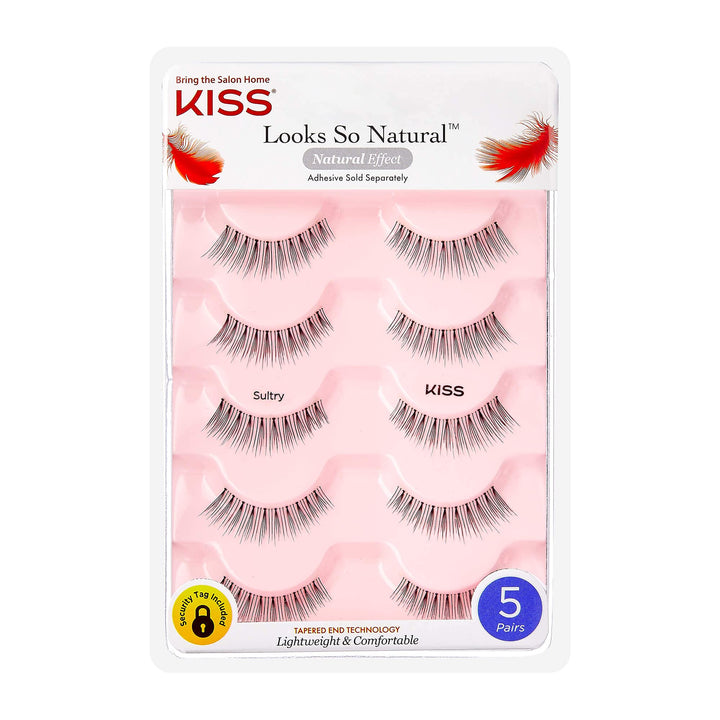KISS Looks So Natural False Eyelashes Multipack, Lightweight & Comfortable, Natural-Looking, Tapered End Technology, Reusable, Cruelty-Free, Contact Lens Friendly, Style Sultry, 5 Pairs
