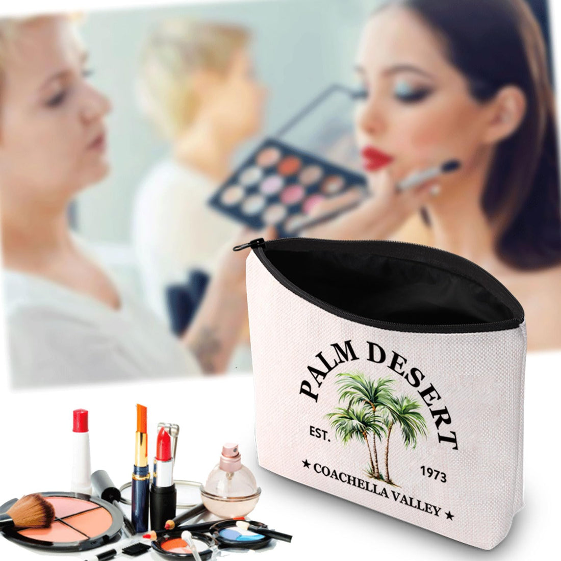 JXGZSO Palm Springs Cosmetic Bag Palm Desert Coachella Valley Est 1973 Makeup Bag California Palms Pouch Bag Palm Tree Lovers Gift (Palm Desert Bag)