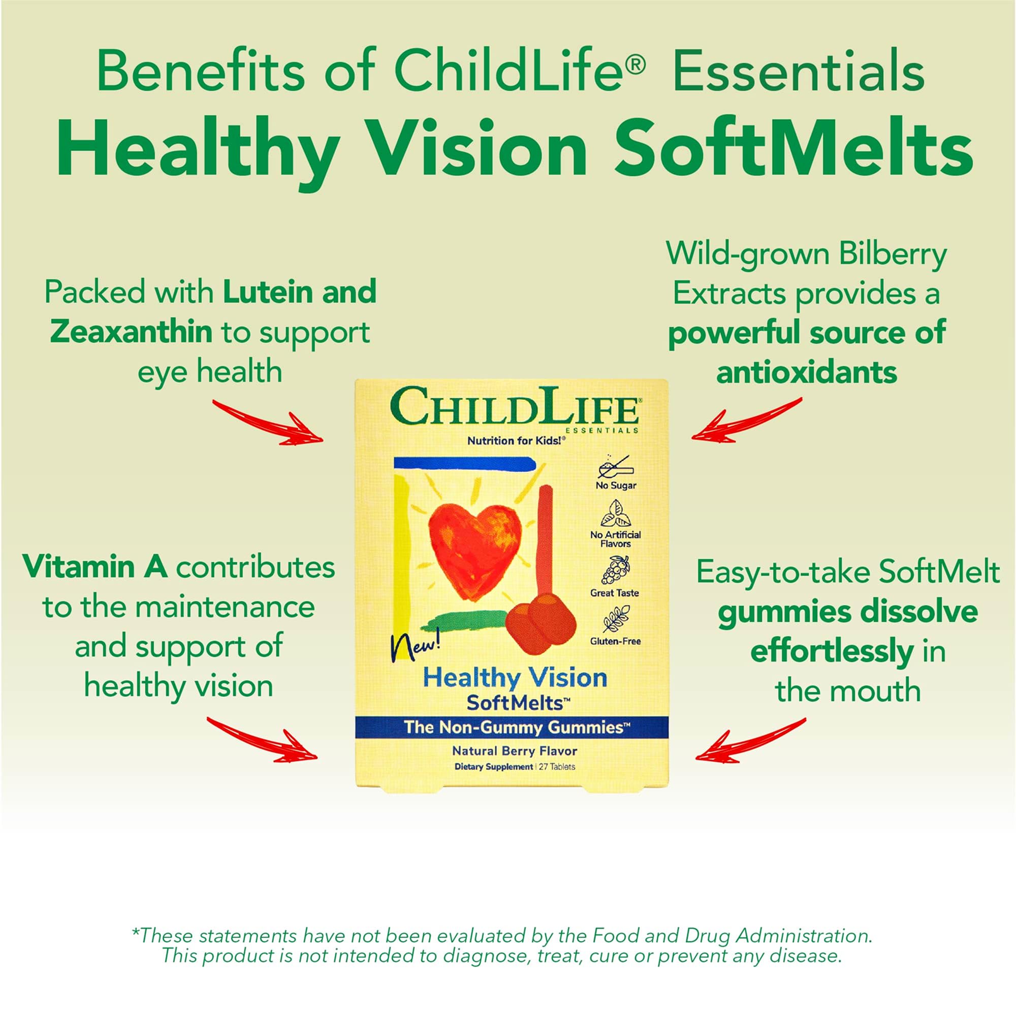 CHILDLIFE ESSENTIALS Healthy Vision SoftMelts - Eye Vitamins for Kids, Lutein Gummies, Lutein and Zeaxanthin Supplements, Eye Health Gummies, Lutein Children, Great Taste - Natural Berry, 27 Tablets