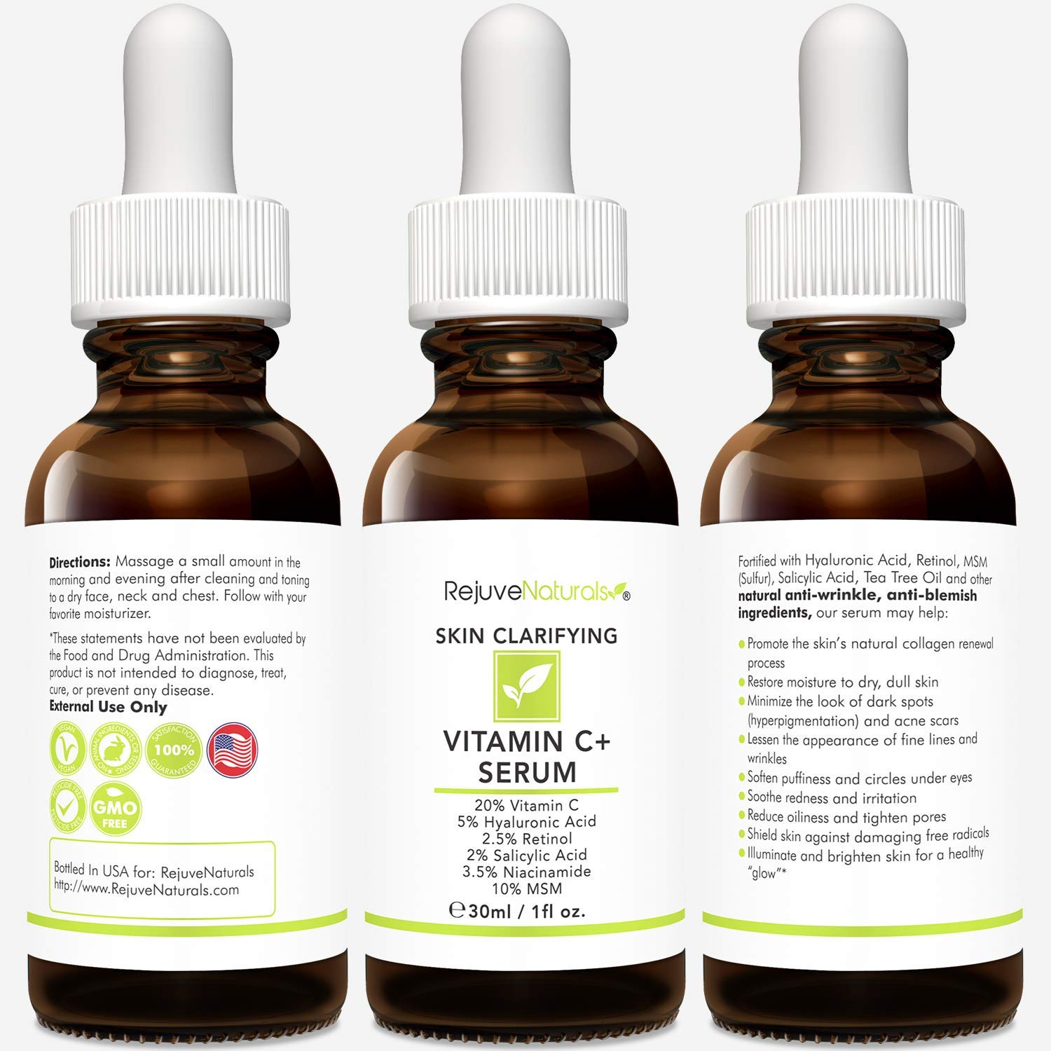 Vitamin C Serum Plus 5% Hyaluronic Acid, 2% Retinol, 2% Salicylic Acid, 3.5% Niacinamide, 10% MSM, 20% Vitamin C - Anti Aging Anti Wrinkle Skin Clearing Serum Organic Skin Care for Face and Eyes (1oz)