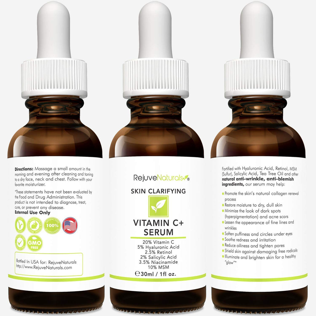 Vitamin C Serum Plus 5% Hyaluronic Acid, 2% Retinol, 2% Salicylic Acid, 3.5% Niacinamide, 10% MSM, 20% Vitamin C - Anti Aging Anti Wrinkle Skin Clearing Serum Organic Skin Care for Face and Eyes (1oz)