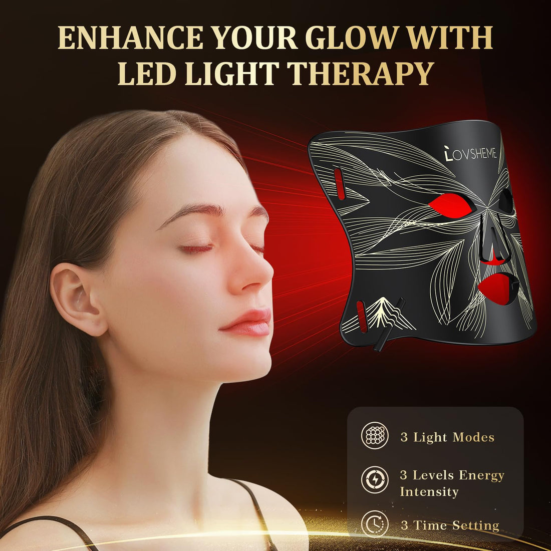 Lovsheme Red Light Therapy for Face, LED Face Mask Light Therapy, Red Light Therapy Mask for Acne, Wrinkles and Skin Rejuvenation, 320 LEDs, 3 Modes, 10-Min Auto Off, Eye Protection Included