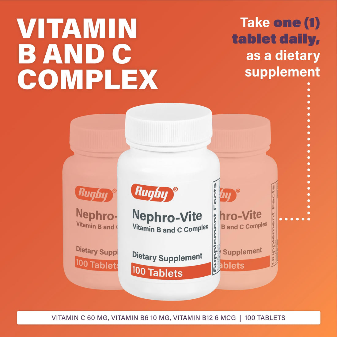 Rugby Nephro-Vite Vitamin B and C Complex Tablets - Dietary Supplement - 100 Tablets