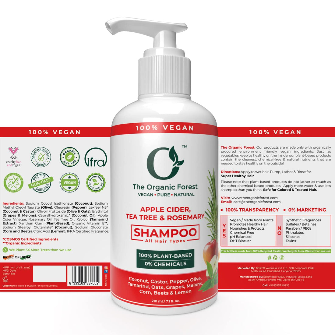 Apple Cider Vinegar, Tea Tree & Rosemary Shampoo - Sulfate Free, Natural & Organic Shampoo for Oily Hair, Dandruff, Itchy Scalp & Thinning Hair - Ideal for Women & Men with Dry Scalp & Grey Hair