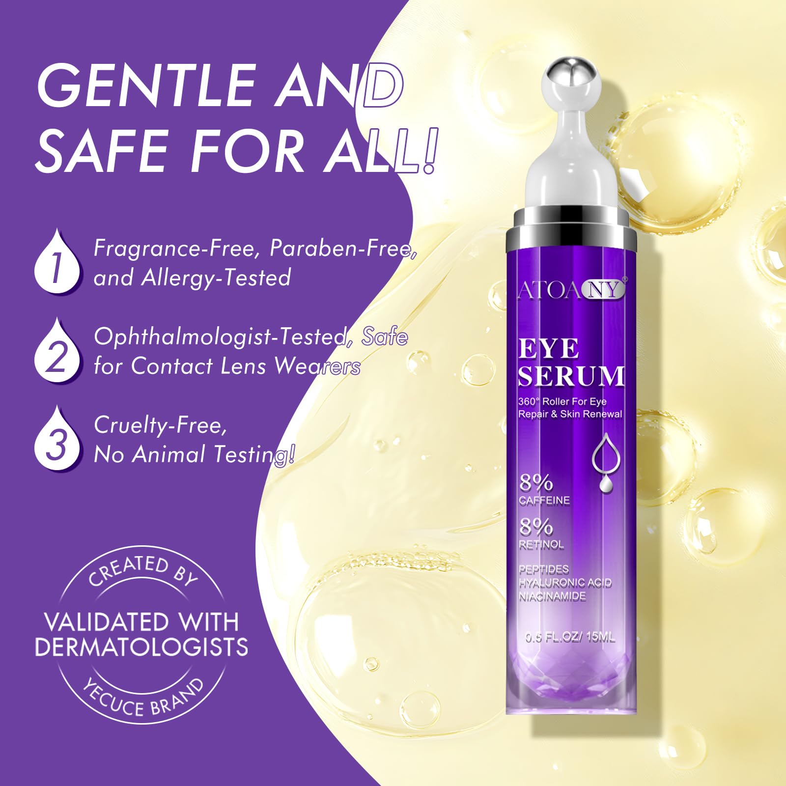 Eye Treatment Serum - 8% Caffeine & Retinol, Hyaluronic Acid, Niacinamide, Peptides - Cream for Dark Circles, Puffy Eyes, Fine Lines - 360° Eye Roller Massage Ball Included, 0.5 fl. oz