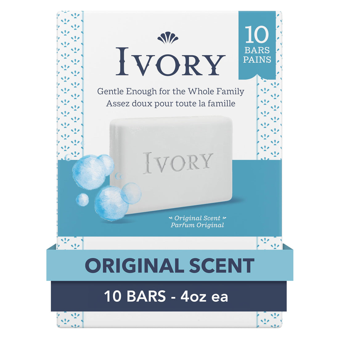 Ivory Gentle Bath Bar Soap, Family Pack, Designed for Whole Family, 99.44% Pure Formula w/ Plant-Based Cleansers, Made Without Heavy Perfumes, Parabens or Phthalates, Original Scent, 4.0 oz (10 Count)