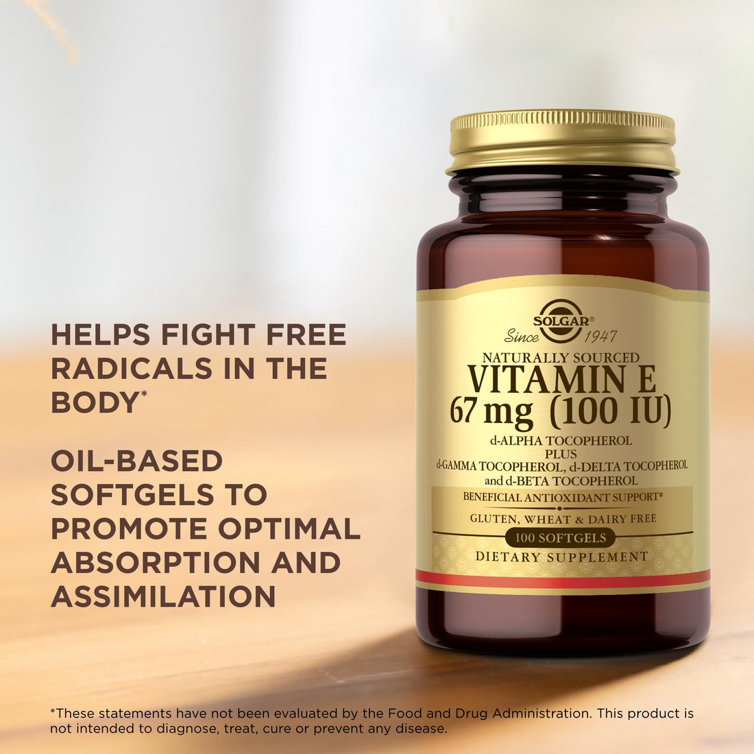 Solgar Vitamin E 67 mg (100 IU) - 100 Softgels, Pack of 2 - Antioxidant Support - Gluten & Dairy Free - 200 Total Servings