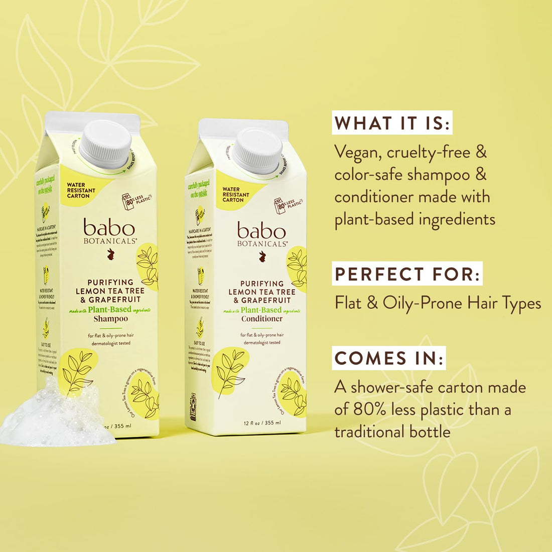 Babo Botanicals Purifying Lemon Tea Tree & Grapefruit Shampoo – For Flat, Oily Prone Hair – Add body & shine - Passion Fruit Ferment for scalp - Water-Resistant Carton w. 80% Less Plastic – Vegan