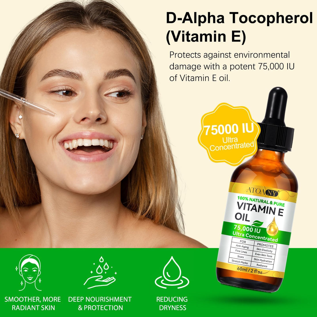 Vitamin E Oil Blend 75,000 IU, Vitamin E Oil for Skin, Scars, Face & Full Body, Organic Pure Vitamin E Oil for Tightening Plump Skin, Reduce Fine Lines & Scars, Moisturizing Skin, 2 Fl Oz