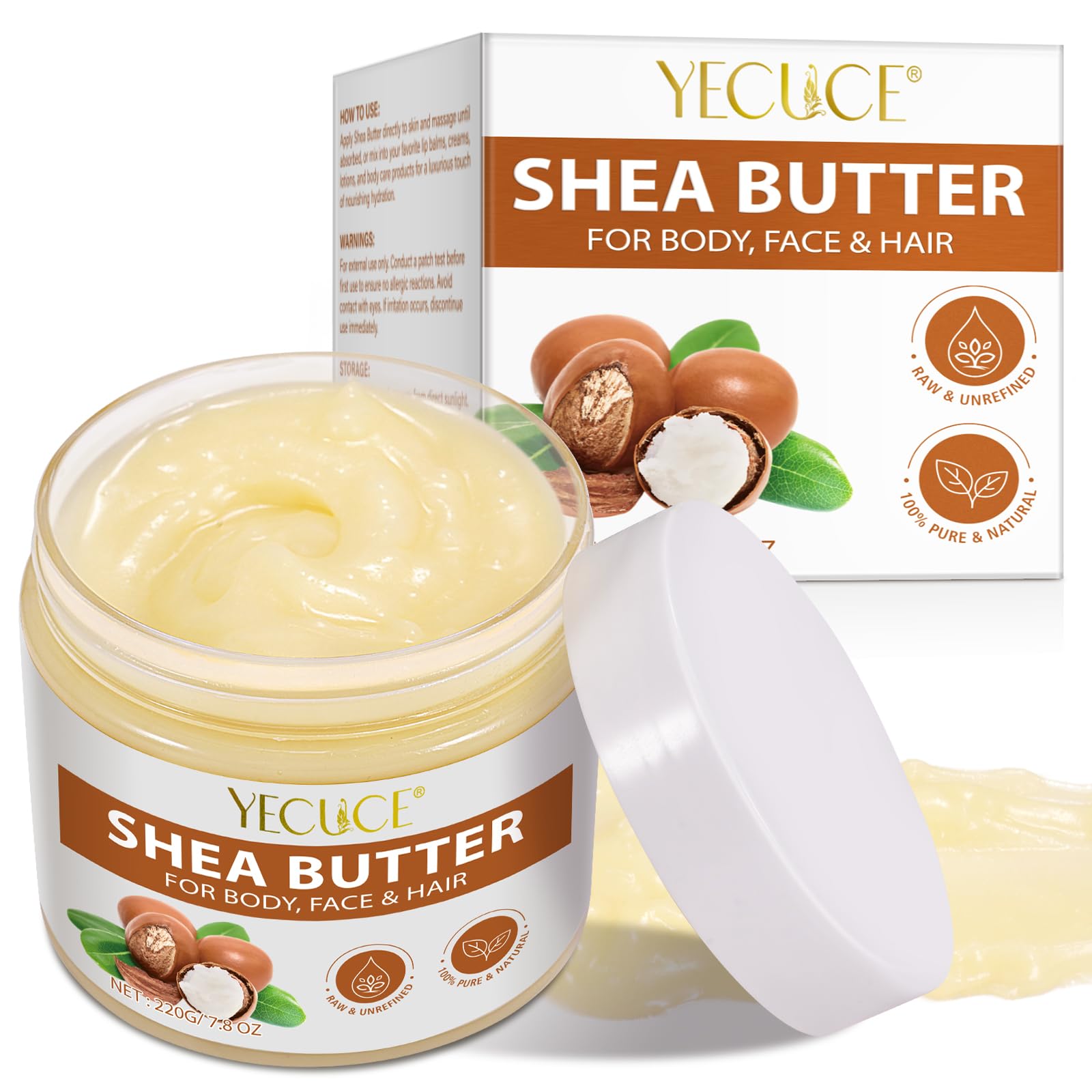 Pure Organic Shea Butter Raw, Unrefined Body & Face Butter - 100% Natural Vitamin A, E & F - Long-Lasting Hydration for Dry Skin, Hair Care, 7.8 oz