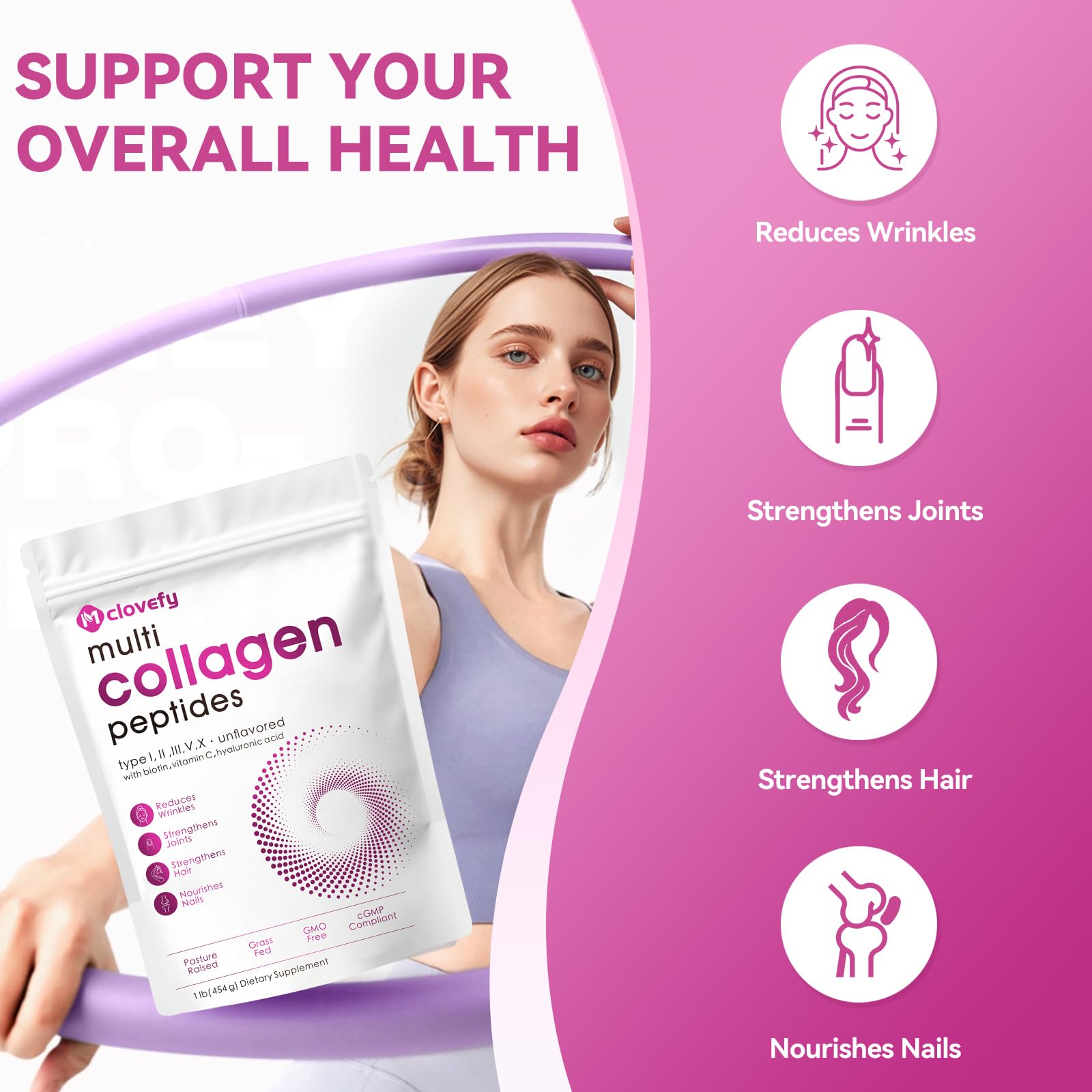 Mclovefy Multi Collagen Peptides Powder, 16 Oz - Protein Supplement, Type I, II, III, V, X with Hyaluronic Acid, Vitamin C and Biotin, Unflavored, Easily Mixes in Drinks(Packaging May Vary)