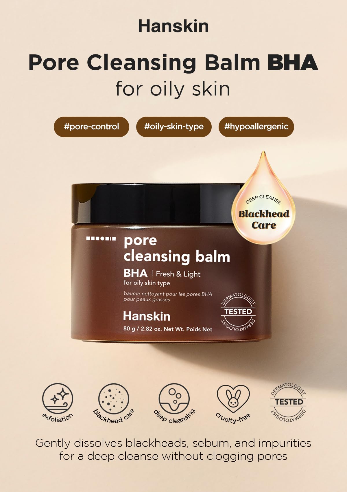 Hanskin BHA Pore Cleansing Balm, Gentle Blackhead Cleanser and Makeup Remover for Combination and Oily Skin [BHA/2.82 oz]