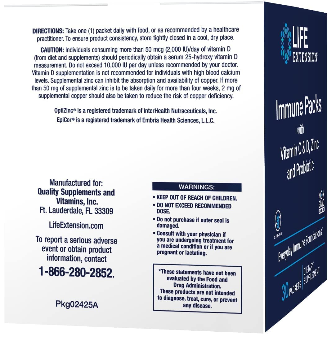 Life Extension - Immune Packs with Vitamin C & D, Zinc and Probiotic (30 Packs)