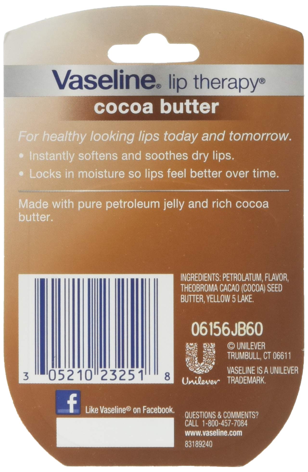 Vaseline Lip Therapy Cocoa Butter, 25 Oz (Pack Of 8), White