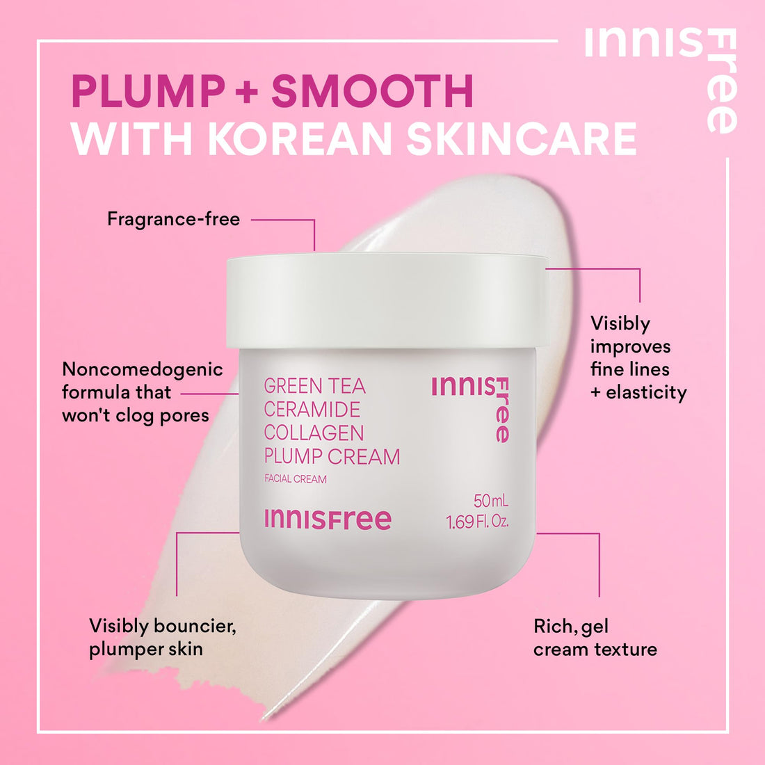 innisfree Green Tea Ceramide Collagen Plump Cream, Korean Face Moisturizer for a Youthful Glow