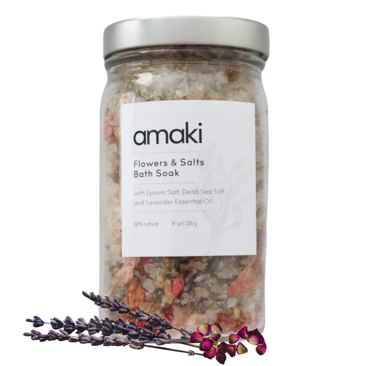 Flowers & Salts Bath Soak Gift Set (2) 8oz Jar- Blend of Epsom and Dead Sea Salt - Infused with Lavender Essential Oil and Dried Rose Petals, Lavender, Calenlular and Chamomile Flowers.