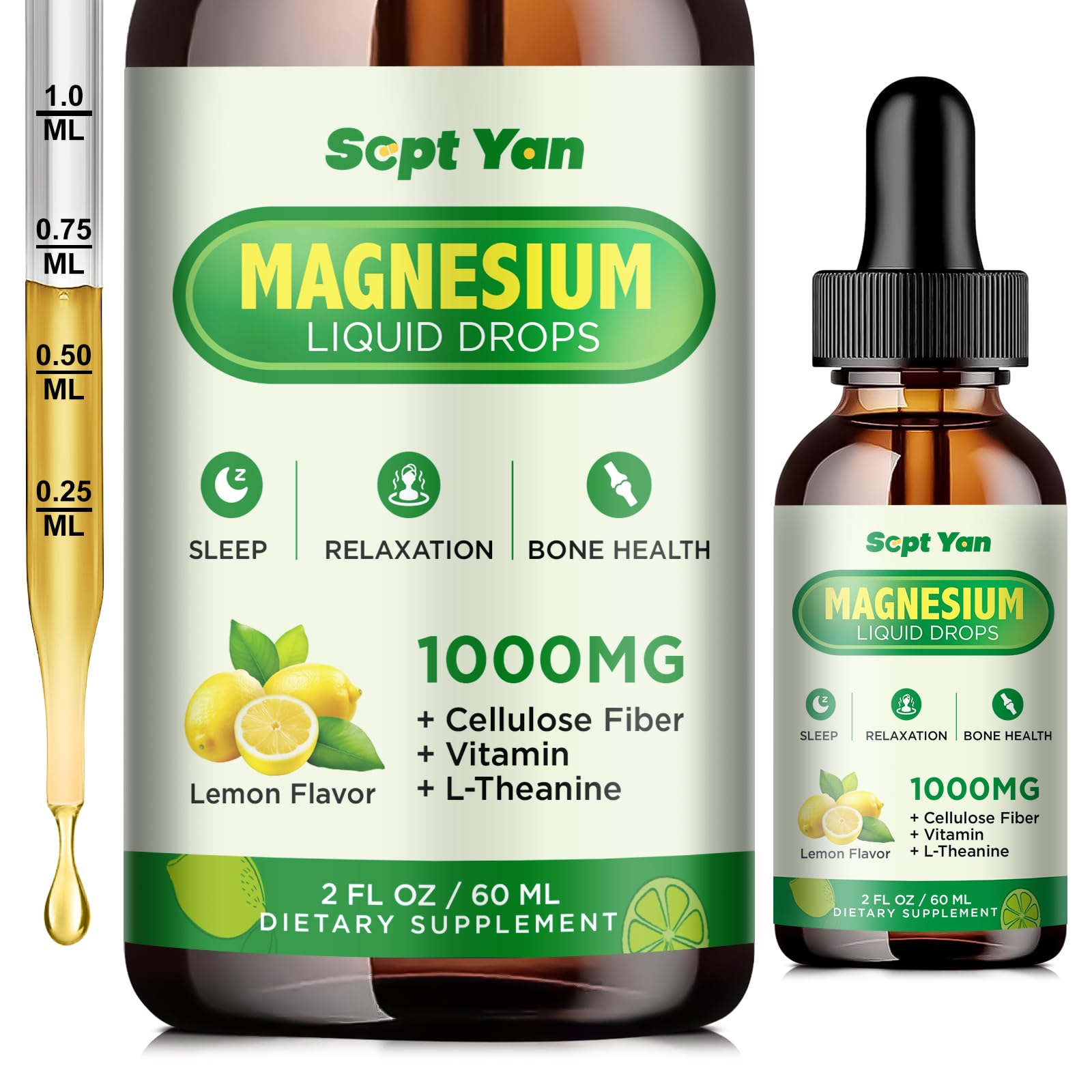 Magnesium Glycinate Liquid Drops, 1000mg Magnesium Glycinate, Citrate & Threonate with Cellulose Fiber, L-Theanine, Vitamin B & C for Sleep, Muscle, Energy & Relaxation, Sugar-Free Lemon Flavor