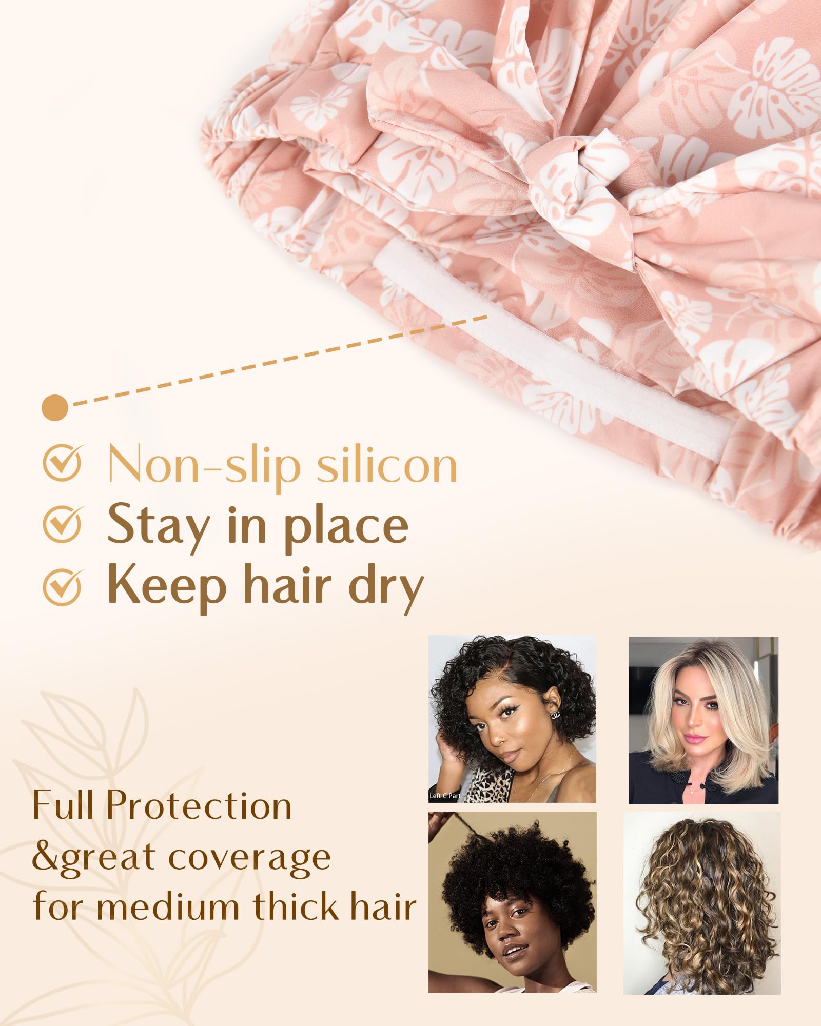 Yanibest Shower Cap for Women Reusable Waterproof, Adjustable Non-Slip Shower Hair Cap, Washable Bath Hat for Long Hair