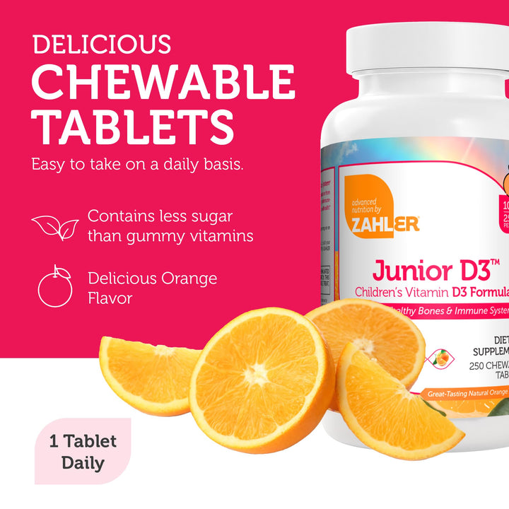 Zahler Junior D3 Vitamins 1000 IU - Chewable Vitamin D3 for Kids - Vitamin D for Kids to Support Bone, Teeth & Immune Health - Kosher Kids Vitamin D3 Orange Flavor - D3 Vitamins for Kids 250 Count.