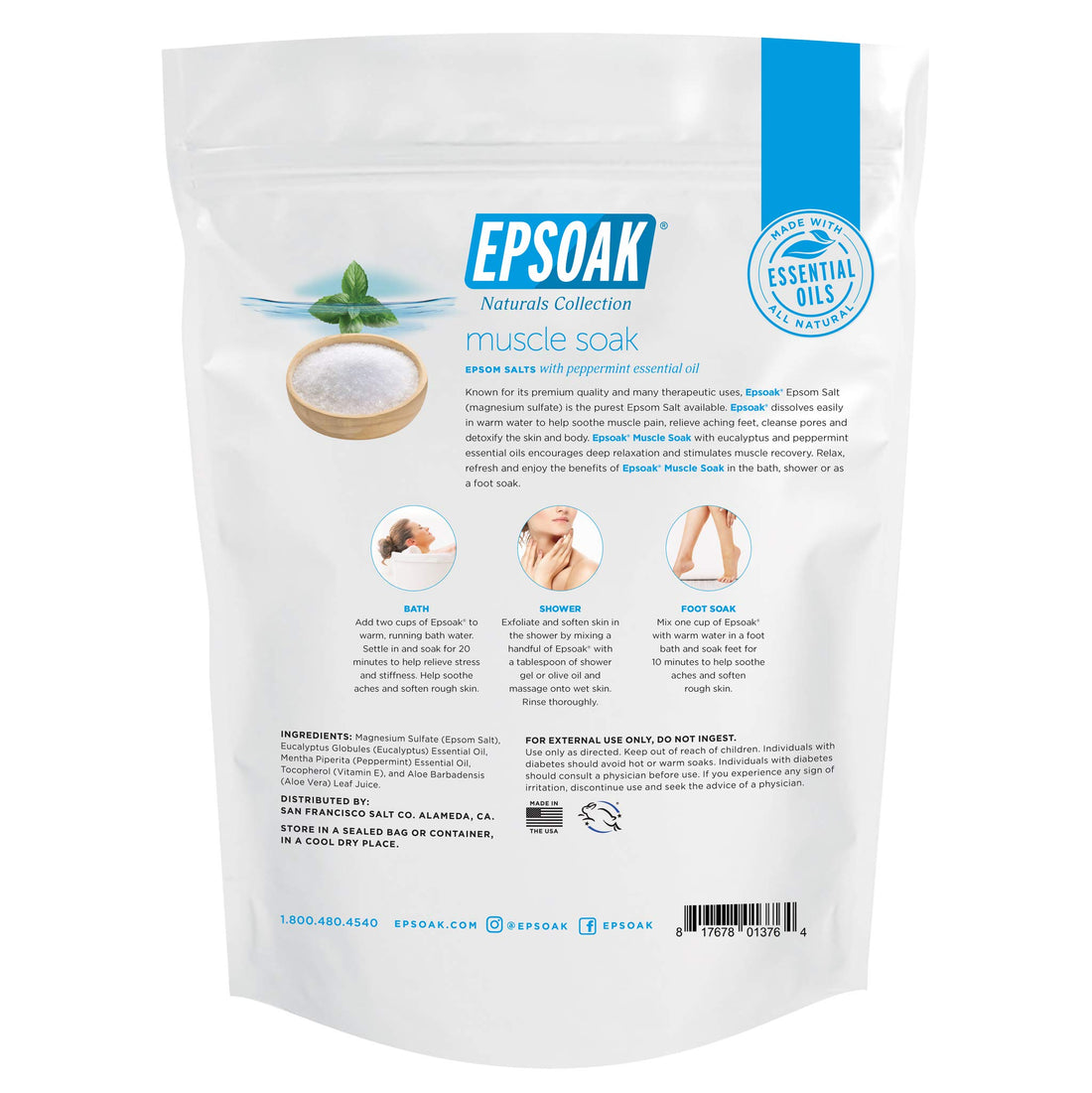 Epsoak Muscle Soak 4 lbs. - Speed Muscle Recovery, Soothe Aching Muscles, and Reduce Inflammation with Epsom Salt & Premium Eucalyptus & Peppermint Essential Oils (Qty 2 x 2 lb. Bags)