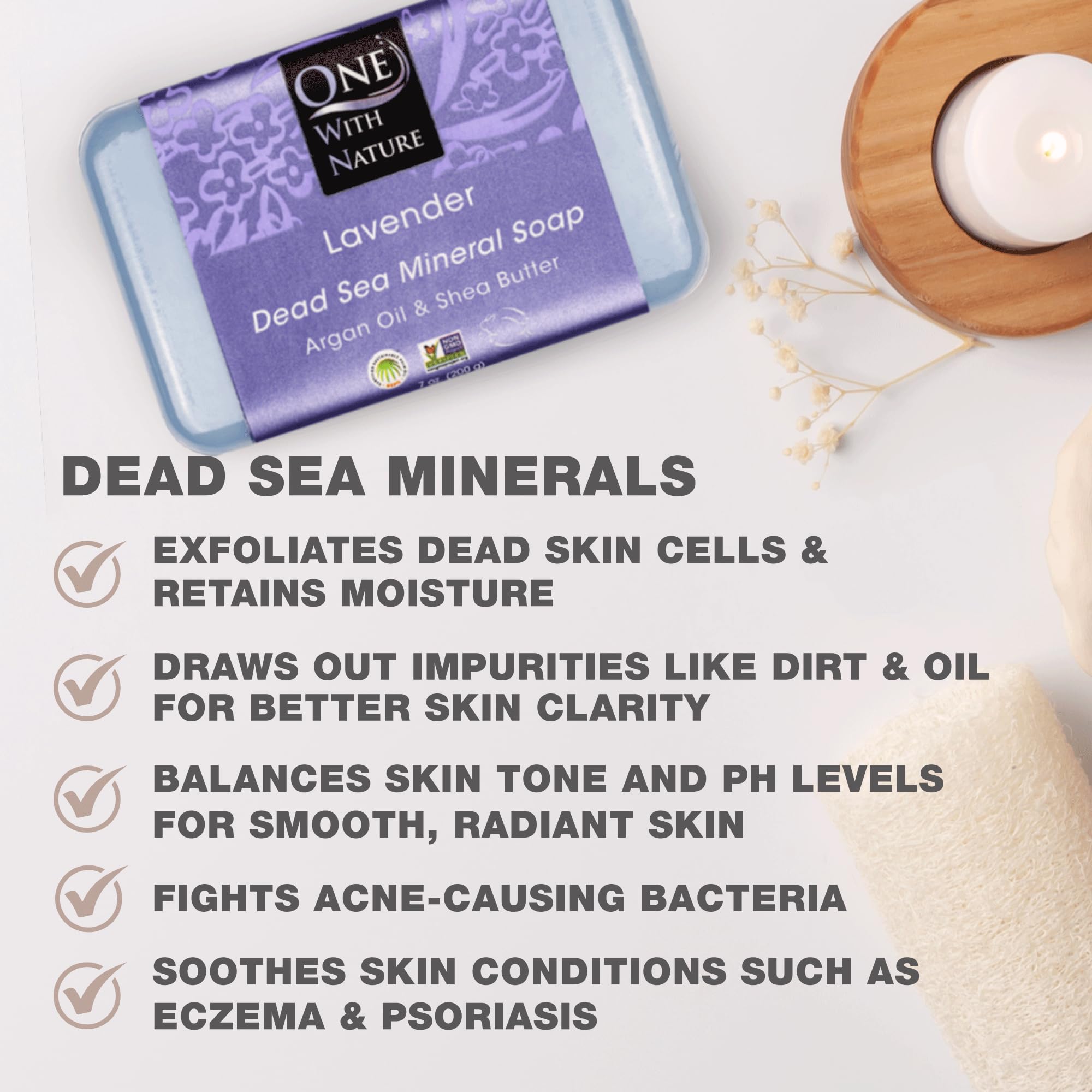 One With Nature Dead Sea Salt Lavender Soap 7oz Bars 3Pack - Dead Sea Salt Contains Magnesium, Sulfur & 21 Essential Minerals - Ideal for All Skin - Shea Butter, Argan Oil Enriches, Natural Fragrance