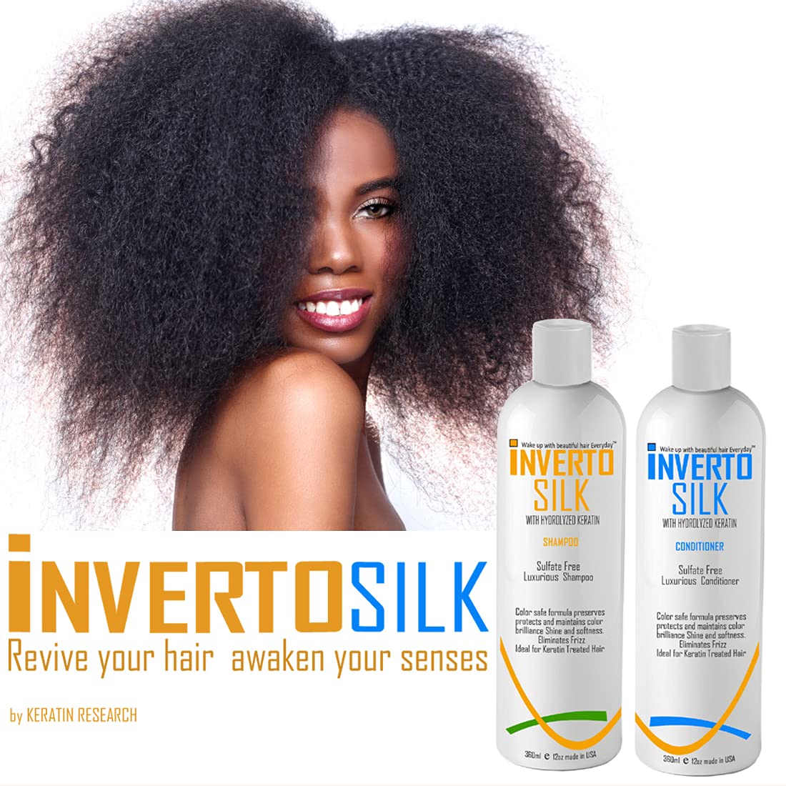 INVERTO SILK with ROUCOU OIL Luxurious Sulfate Free Shampoo and Conditioner Two Bottles Value Set 2 x 360ml Protect Hair Color Eliminate Frizz by Keratin Research