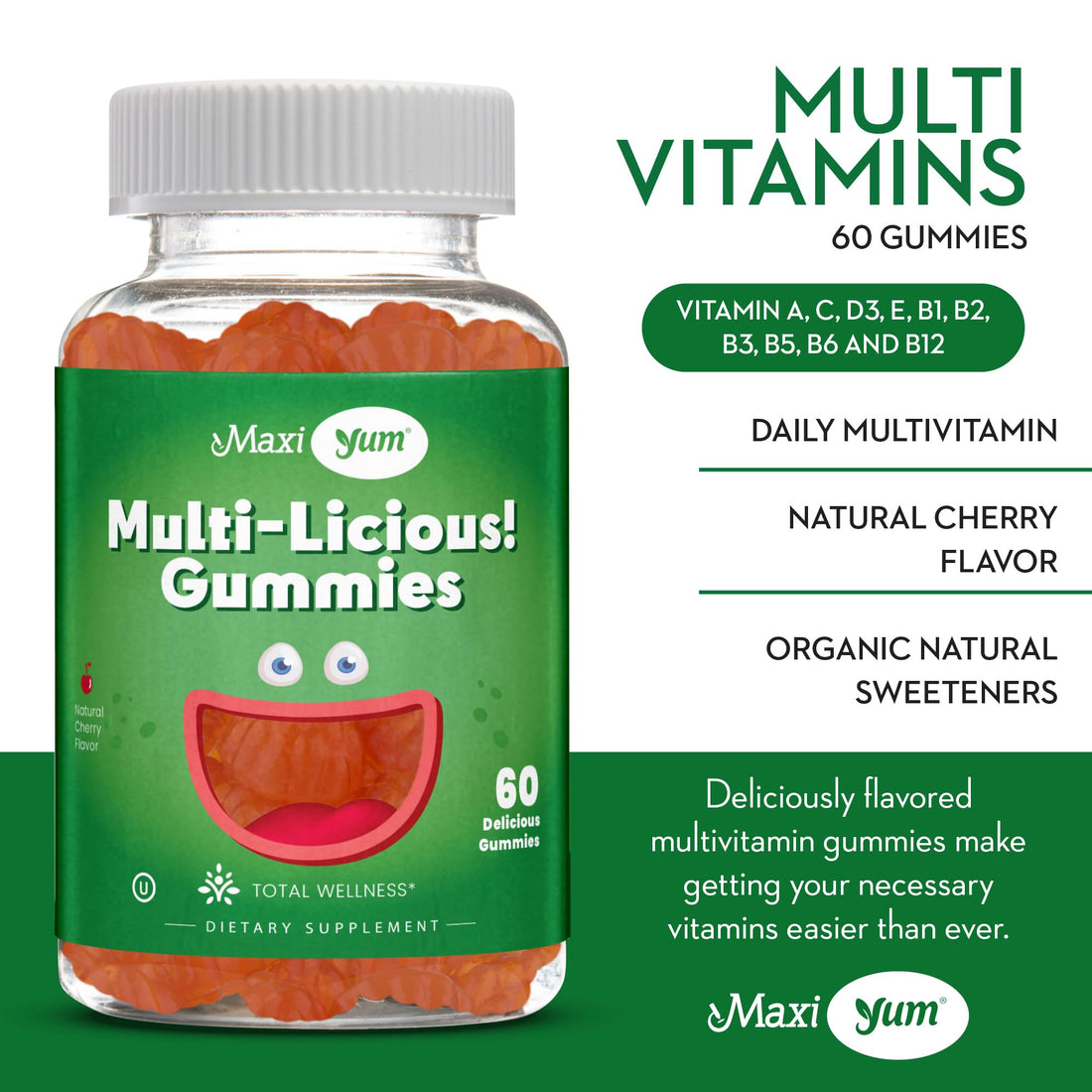 Maxi Health Multivitamin Gummies Vitamins for Adults & Kids - Cherry Flavored Gummy Multivitamins - 60 Vitamin Gummies for Women and Men - Daily Multi Vitamin Womens & Mens Multivitamins Gummies