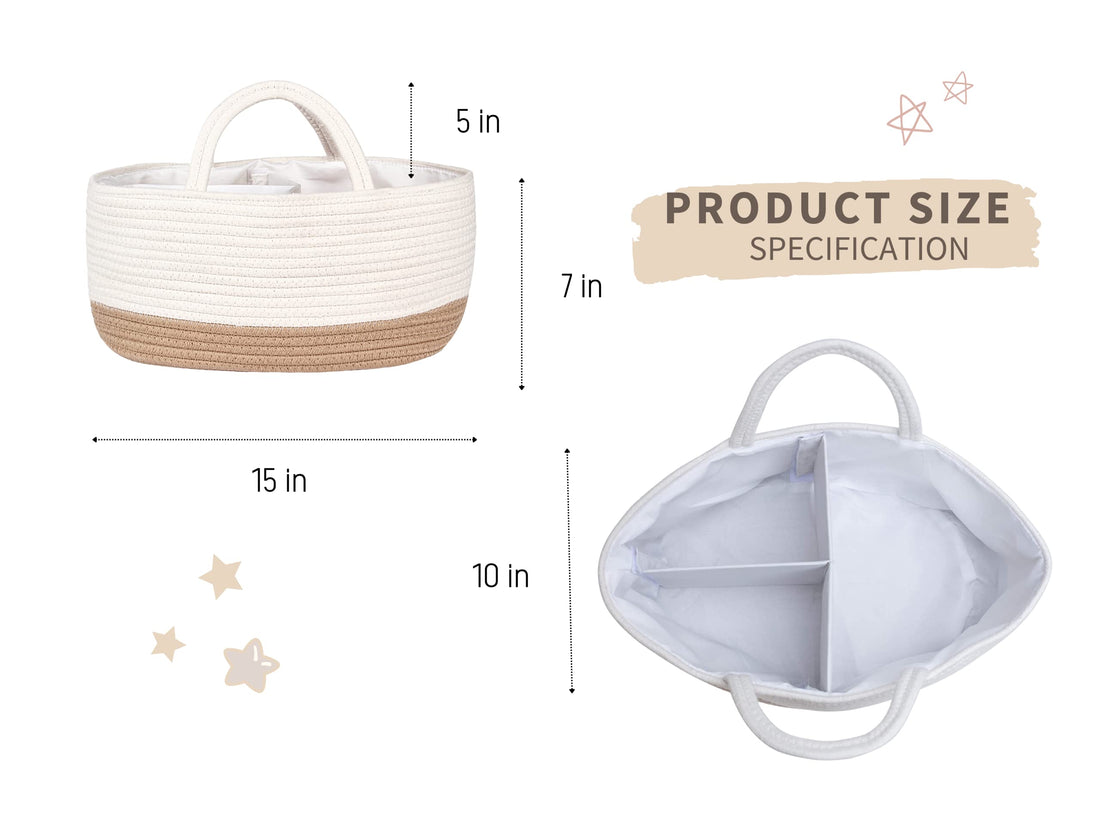 Mila Millie Baby Large Cotton Rope Diaper Caddy,Organizer Storage Bin for Nursery Essentials,100% Natural Cotton,Eco friendly (White & Biege) 15.5x10x7 Inch (Pack of 1)
