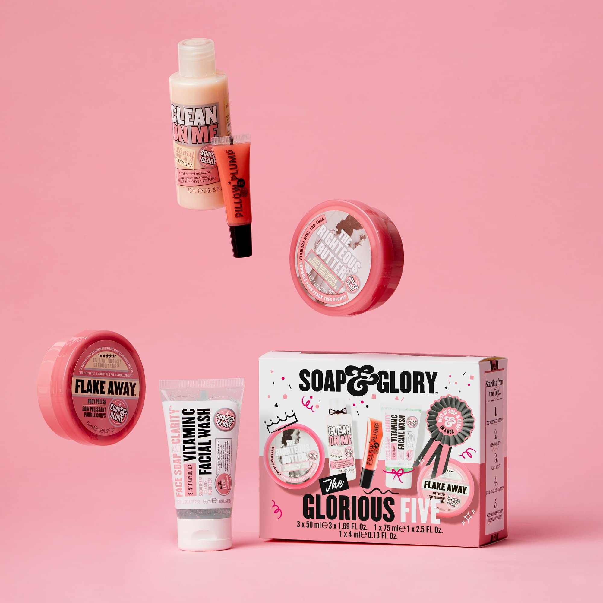 Soap & Glory The Glorious Five Skin Care Gift Set - The Righteous Body Butter Cream, Hand Food Hand Cream, Clean on Me Shower Gel, Vitamin C Facial Cleanser & Exfoliating Body Scrub (5 Count)