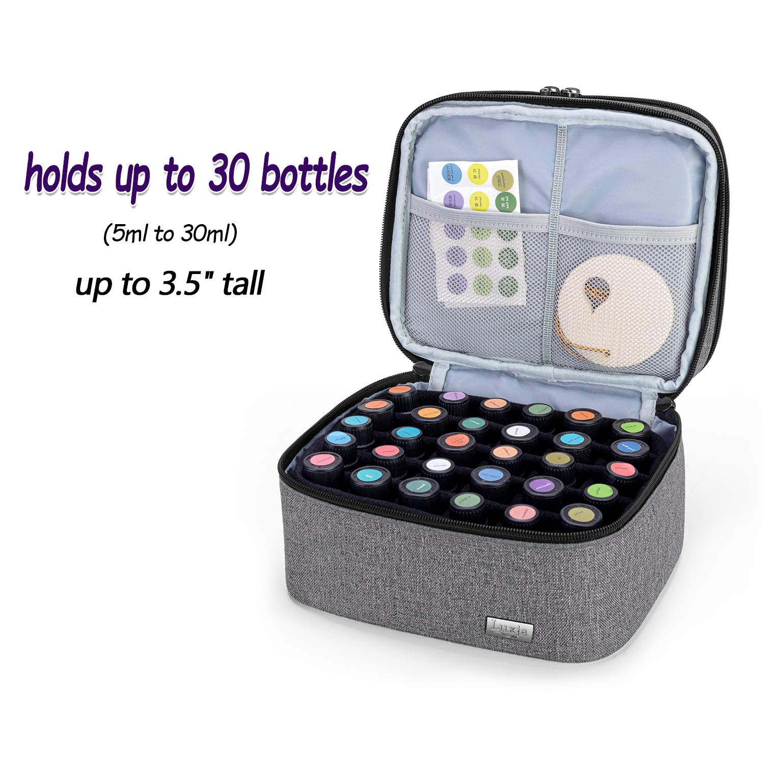 Luxja Essential Oil Carrying Case - Holds 30 Bottles (5ml-30ml, Also Fits for Roller Bottles), Double-Layer Organizer for Essential Oil and Accessories, Gray (Bag Only)