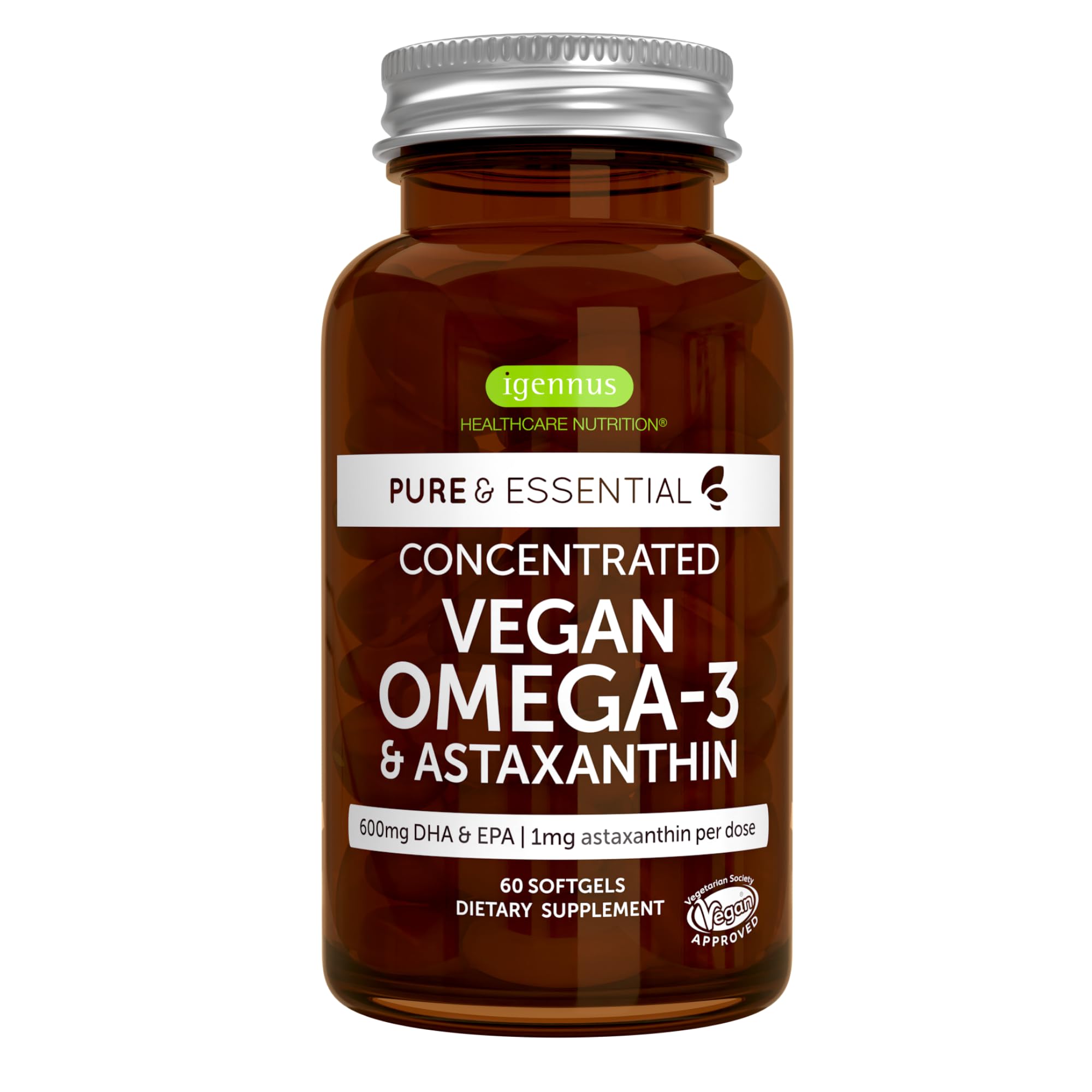 Vegan Omega 3 Triglyceride, Algae Oil & Astaxanthin Antioxidant, 1344mg Omega 3, Pure & Sustainable, 60 Small Softgels, 400mg DHA & 200mg EPA, Clean Label, Easy-to-Swallow, 30 Servings, by Igennus