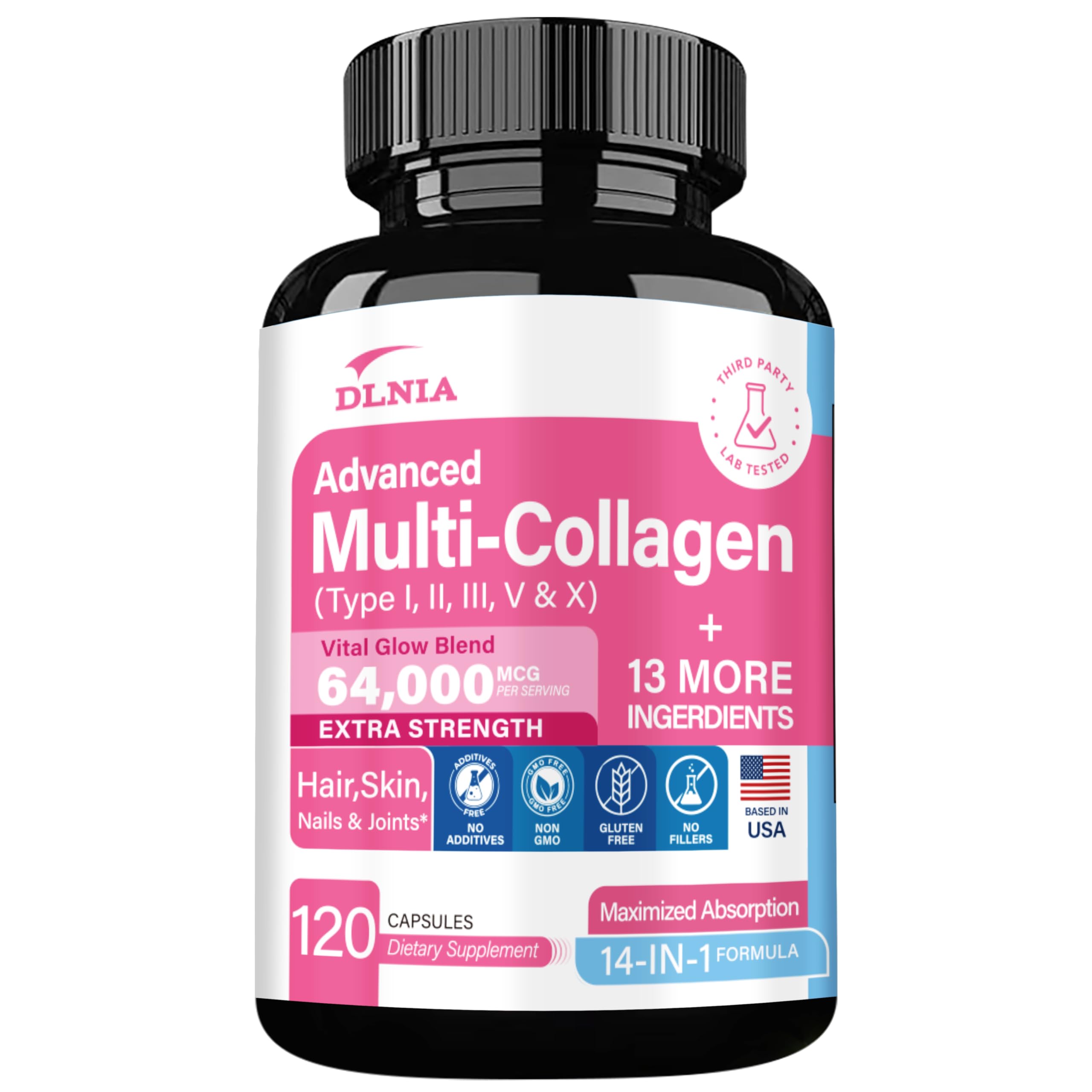 DLNIA Collagen Pills Peptides Types I, II, III, V & X MCG Biotin Keratin Hyaluronic Acid MSM Vitamin A Vitamin C Vitamin E Folic Acid Zinc Magnesium with Grape Seed Extract, Quercetin