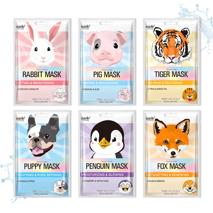 Epielle Animal Character Sheet Masks | Korean Beauty Masks for All Skin Types | Pack of 6 | Face Mask, Birthday Party Gift, Girls' Night, Spa Day, Spa Night | Korean Skincare, Spa Gifts for Women