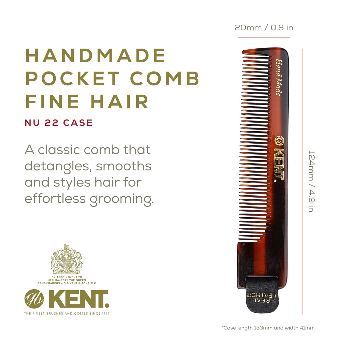 Kent Authentic Handmade Fine Comb With Leather tab and Leather Case, Dark Brown, 120mm