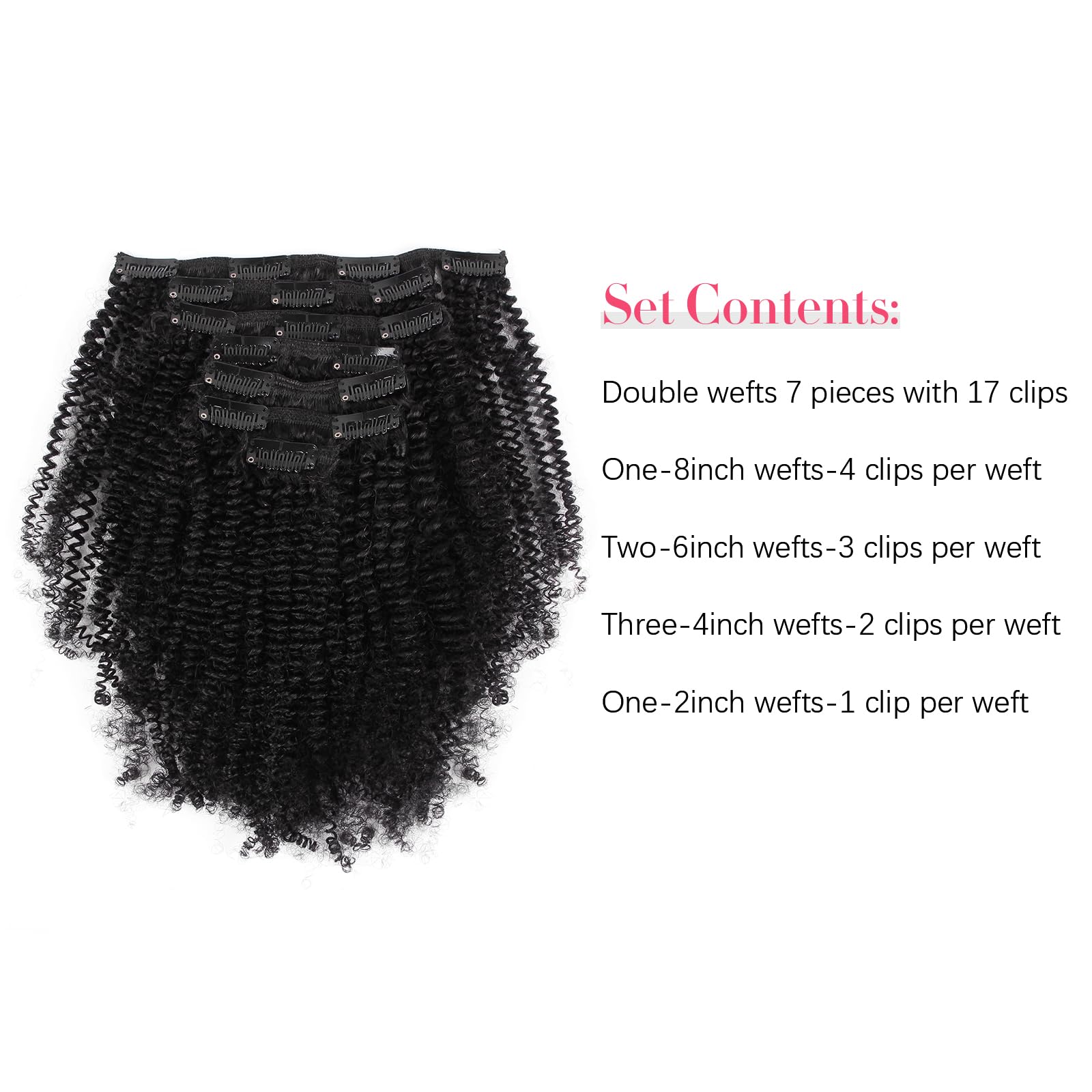Sassina Top 8A Grade Remy Hair Extensions Clip in For Black Women Natural Black Afro Kinky Coily Clip in Human Hair Double Wefts 120 Grams 7 Pieces/Set With 17 Clips 4AC 12 Inch: 12 inch, Afro Coily